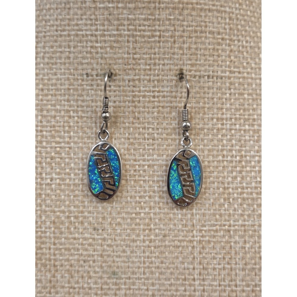 Retro Sterling Silver Greek Key Genuine Blue Opal Dangle Earrings